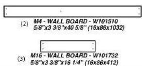 (2) M4 - WALL BOARD - W101510 5/8"x3 3/8"x40 5/8" (16x86x1032) (3) M16 - WALL BOARD - W101732 5/8"x3 3/8"x16 1/4" (16x86x412)