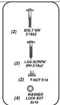 (2) BOLT WH 5/16x2 (2) LAG SCREW WH 5/18x2 (2) T-NUT 5/16 (4) WASHER LOCK EXT 8x19