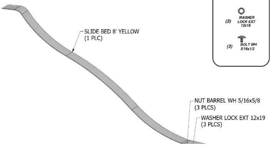 SLIDE BED 8' YELLOW (1 PLC) NUT BARREL WH 5/16x5/8 (3 PLCS) WASHER LOCK EXT 12x19 (3) WASHER LOCK EXT 5/16x1/2 WASHER LOCK EXT 12x19 (3) BOLT WH 5/16x1/2