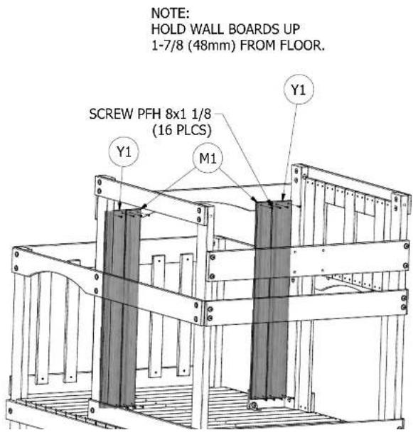 NOTE: HOLD WALL BOARDS UP 1-7/8 (48mm) FROM FLOOR. SCREW PFH 8x1 1/8 (16 PLCS) Y1 M1 Y1