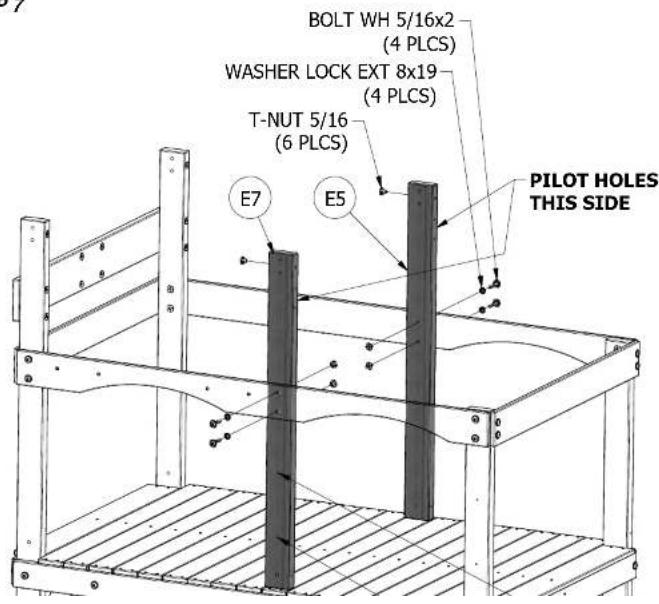 BOLT WH 5/16x2 (4 PLCS) WASHER LOCK EXT 8x19 (4 PLCS) T-NUT 5/16 (6 PLCS) E7 E5 PILOT HOLES THIS SIDE