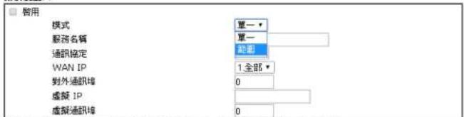 启用 模式 服務名稱 通訊協定 WAN IP 對外通訊埠 虛擬 IP 虛擬通訊埠 單一▼ 單一 範圍 1.全部▼ 0 0