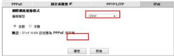 PPPoE 固定或動態 IP PPTP/L2TP IPv6 網際網路連線模式 連線類型 ppp ● 自動 ○ 手數 附註：IPv4 WAN 設定應為 PPPoE 知戶端 確定 取消