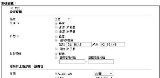 索引編號: 1 启用 設定規則 指定 交源 IP 任意 ○ 任意 ● 來源 IP 範圍 ● 求源 IP 子網 目的 IP ○ 任意 ● 目的 IP 選測 起始 192.160.1.6 保留 192.160.1.68 ● 目的 IP 子網 目的成像 ○ 任意 ● 日標成像點 目標成像點 ○ 若符合上述原則，請填寫 介面 WANJIAN WANI 192.160.1.68