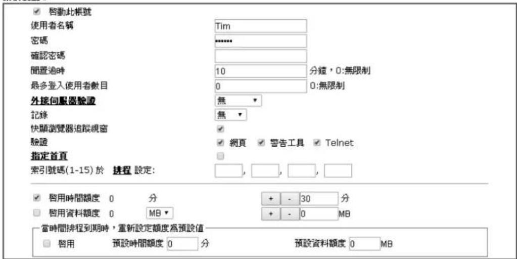 啟動此帳號 使用者名稱 Tim 密碼 ****** 確認密碼 閒置遍時 10 分鐘，0:無限制 最多登入使用者數目 0 0:無限制 外接伺服器驗證 無 記錄 無 快顯瀏覽器追蹤視窗 網頁 警告工具 Telnet 驗證 指定首頁 索引號碼(1-15)於 接程 設定： □ ， □ ， □ ， □ 啟用時間額度 0 分 □ 啟用資料額度 0 MB ▼ + - 30 分 + - 0 MB 當時間排程到期時，重新設定額度為預設值 □ 啟用 預設時間額度 0 分 預設資料額度 0 MB