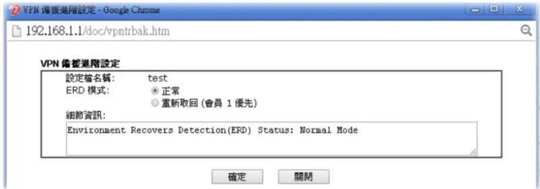 VPN 備搜進階設定 - Google Chrome 192.168.1.1/doc/vpntrbak.htm VPN 備搜進階設定 設定檔名稱: test ERD 模式: 正常 重新取回 (會員 1 優先) 細節資訊: Environment Recovers Detection(ERD) Status: Normal Mode 確定 關閉