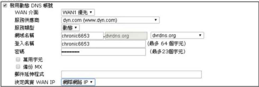 啓用動態 DNS 帳號 WAN 介面 WAN1 優先 服務供應商 dyn.com (www.dyn.com) 服務類型 動態 網域名稱 chronic6653 dvrdns.org dvrdns.org 登入名稱 chronic6653 (最多 64 個字元) 密碼 ******** (最多23個字元) □ 萬用字元 □ 備份 MX 郵件延伸程式 決定真實 WAN IP 網際網路 IP ▼