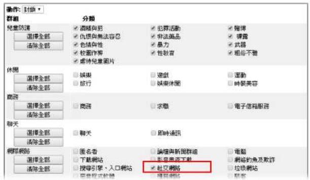 動作: 封鎖 群組 分類 兒童防護 選擇全部 清除全部 □ 酒精與剪 □ 仇恨與無法容忍 □ 色儲與性 □ 校圖作業 □ 虚特兒童圖片 □ 犯罪活動 □ 非法獎品 □ 暴力 □ 性教育 □ 隱限 □ 襬號 □ 武器 □ 粗絵不雅 休園 選擇全部 清除全部 □ 娛樂 □ 放行 □ 遊戲 □ 娛樂休園 □ 運動 □ 時裝美容 商務 選擇全部 清除全部 □ 商務 □ 求職 □ 電子信箱服務 聊天 選擇全部 清除全部 □ 聊天 □ 即時通訊 網路網路 選擇全部 清除全部 □ 图名者 □ 下載網站 □ 授導引擎、入口網站 □ 調易程式軟體 □ 論物與新聞群組 □ 彩音更流行下载 □ 社交網路 □ 網絡約魚及欺詐 □ 垃圾網站 □ 緺幕