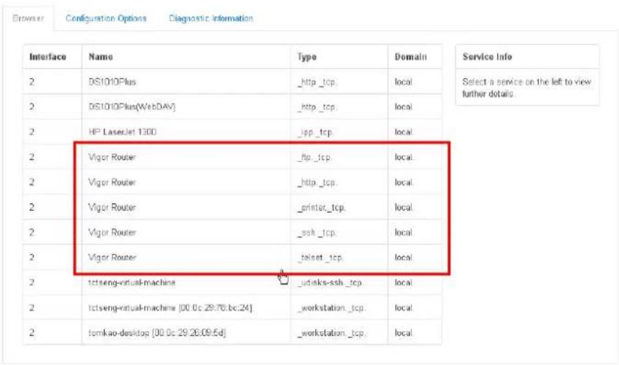 Browser Configuration Options Diagnostic Information Interface Name Type Domain Service Info 2 DS1010Plus _http_tcp. local Select a service on the left to view further details. 2 DS1010Plus(WebDAY) _http_tcp. local 2 HP LaserJet 1300 _ipp_tcp. local 2 Vigor Router _fip_tcp. local. 2 Vigor Router _http_tcp. local. 2 Vigor Router _printer_tcp. local 2 Vigor Router _ssh_tcp. local 2 Vigor Router _telnet_tcp. local 2 tctseng-virtual-machine _udisks-ssh_tcp. local 2 tctseng-virtual-machine [00.0c 29:76:bc:24] _workstation_tcp. local 2 tomkao-desktop [00.0c 29:28:09:5d] _workstation_tcp. local
