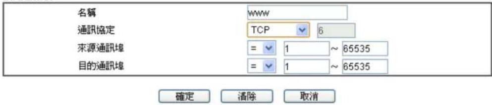 名稱 WWW 通訊協定 TCP 6 來源通訊埠 = 1 ~ 65535 = 1 ~ 65535 確定 清除 取消