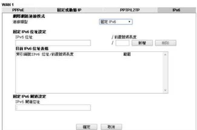 WAN 1 PPPoE 固定或動態 IP PPTP/L2TP IPv6 刪除網路連線模式 連線類型 固定 IPv6 固定 IPv6 位址設定 IPv6 位址 / 前置號碼長度 / 新增 刪除 目前 IPv6 位址表格 索引編號 IPv6 位址/前置號碼長度 範圍 固定 IPv6 開通設定 IPv6 開通位址 ... 確定 取消