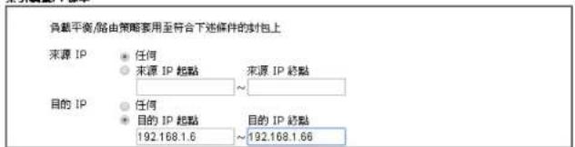 負載平衡/路由策略要用至符合下述條件的封包上 來源 IP • 任何 • 来源 IP 起點 來源 IP 趙點 目的 IP • 任何 • 目的 IP 趙點 192.168.1.6 • 192.168.1.66