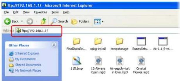 ftp://192.168.1.1/ File Edit View Favorites Tools Help Back Search Folders Address ftp://192.168.1.1/ Other Places Internet Explorer My Documents Shared Documents My Network Places FinalDataEn... opkg-install tempstorage iTunesSetu... vk-1.1.5-wi... 115.bmp 12-Always Air-supply-lost Crystal Open.mp3 in love.mp3 Flower.mp3