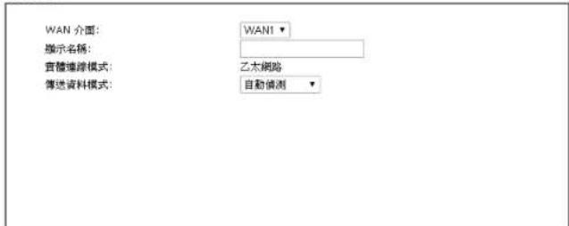WAN 介面: WANI 顯示名稱: 實體進除模式: 乙太網路 傳送資料模式: 自動偵測