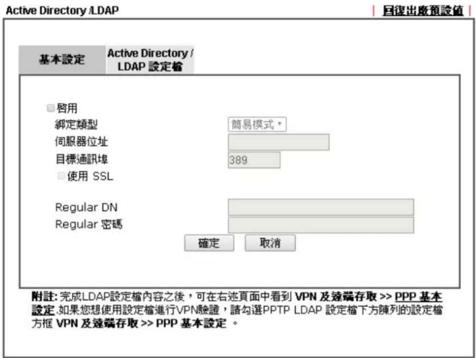 Active Directory /LDAP 回復出廢預設值 基本設定 Active Directory / LDAP 設定檔 □ 啟用 綁定類型 簡易模式 伺服器位址 目標通訊埠 389 □ 使用 SSL Regular DN Regular 密碼 確定 取消 附註: 完成LDAP設定檔內容之後, 可在右述頁面中看到 VPN 及達端存取 >> PPP 基本設定.如果您想使用設定檔進行VPN驗證, 請勾選PPTP LDAP 設定檔下方陳列的設定檔方框 VPN 及達端存取 >> PPP 基本設定。