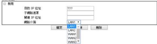 启用 目的 IP 位址 ???? 子網路遮罩 閘道 IP 位址 網路介面 LAN1 確定 LAN1 LAN2 WAN1 WAN2 WAN3 刪除