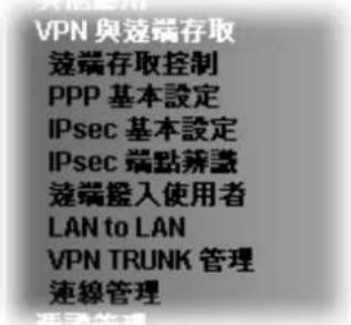 VPN 與遠端存取 遠端存取控制 PPP 基本設定 IPsec 基本設定 IPsec 端點辨識 遠端撥入使用者 LAN to LAN VPN TRUNK 管理 連線管理