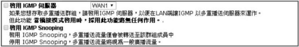 □ 启用 IGMP 伺服器 WAN1 ▼ 如果您想存取多重播送群組，請啓用IGMP 伺服器，以便在LAN端讓IGMP 以多重播送伺服器來運作。 但此功能 當橋接模式啓用時，採用此功能將無任何作用。 □ 启用 IGMP Snooping 啓用 IGMP Snooping，多重播送流量僅會被轉送至該群組成員中 停用 IGMP Snooping，多重播送流量將視為一般廣播流量。