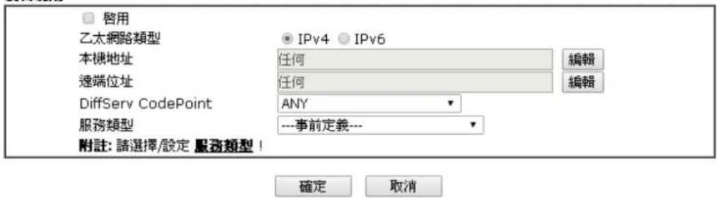 □ 啓用 乙太網路類型 本機地址 連端位址 DiffServ CodePoint 服務類型 附註: 請選擇/設定 服務類型! ● IPv4 ● IPv6 任何 任何 ANY ---事前定義--- 確定 取消