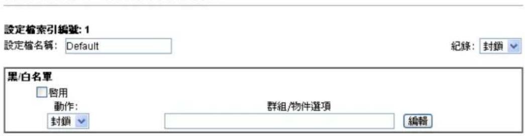 設定檔索引編號: 1 設定檔名稱: Default 紀錄: 封鎖 黑/白名單 □啟用 動作: 封鎖 群組/物件選項 編輯