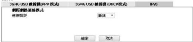 3G/4G USB 教播链(PPP 模式) 3G/4G USB 教播链 (DHCP模式) IPv6 断路器 断路器类型 确定 取消