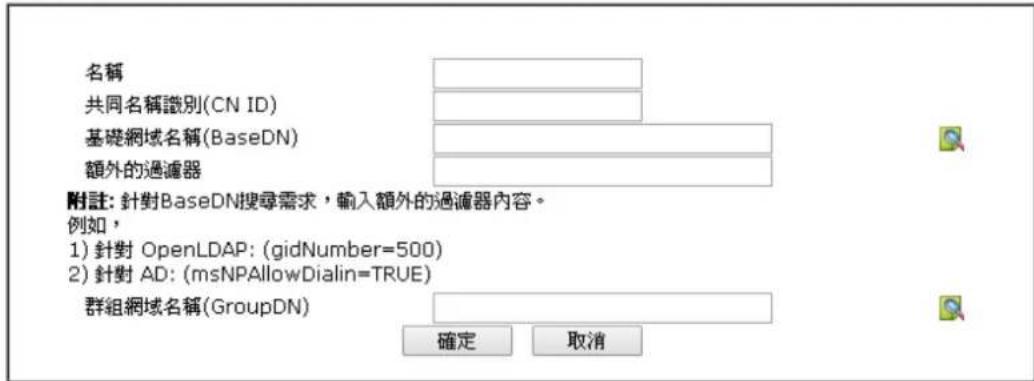名稱 共同名稱識別(CN ID) 基礎網域名稱(BaseDN) 額外的過濾器 附註:針對BaseDN搜尋需求,輸入額外的過濾器內容。 例如, 1)針對 OpenLDAP:(gidNumber=500) 2)針對 AD:(msNPAllowDialin=TRUE) 群組網域名稱(GroupDN) 確定 取消