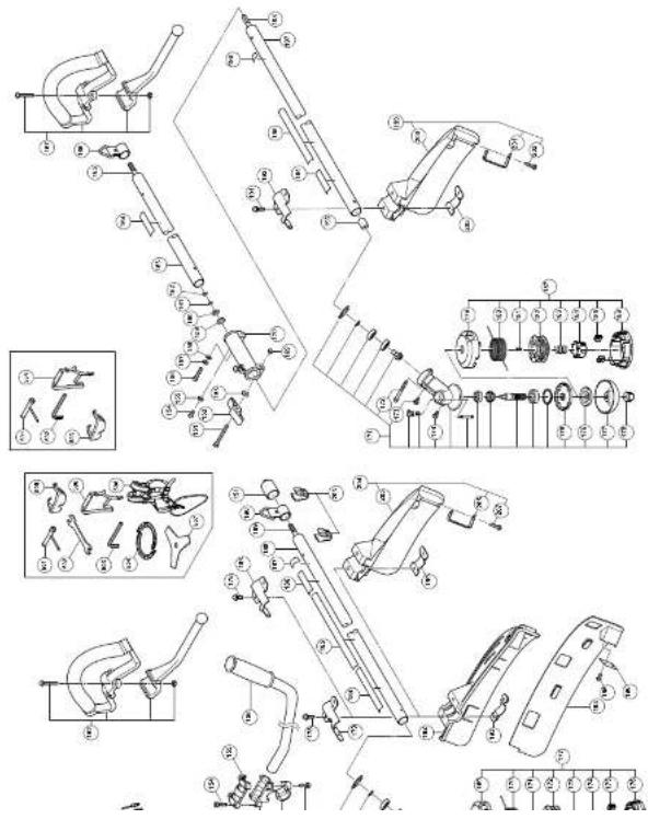 Technical diagram of a mechanical assembly with numbered components and exploded views