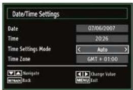 Date/Time Settings Date 07/06/2007 Time 20:26 Time Settings Mode < Auto > Time Zone GMT + 01:00 Navigate NETBACK Back Change Value MENU East