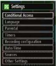 Settings Conditional Access Language Parental Timers Recording configuration Date/Time Sources Other Settings