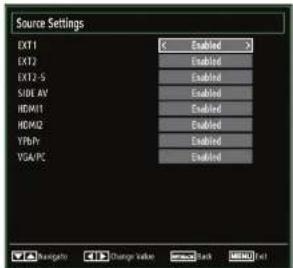 Source Settings EXT1 X Enabled X EXT2 Enabled EXT2-5 Enabled SIDI AV Enabled HDMI1 Enabled HDMI2 Enabled YP6VY Enabled VGA/PC Enabled