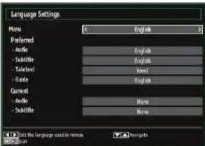 Language Settings Menu English Preferred - Audio - Subtile - Toilet - Guide Current - Audio - Subtile - English - English - English - None - None