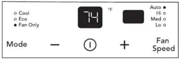 Cool Eco Fan Only Mode - ① + Fan Speed 74 °F Auto • Hi o Med o Lo o