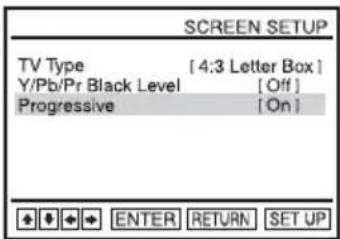 SCREEN SETUP TV Type [4:3 Letter Box] Y/Pb/Pr Black Level [Off] Progressive [On]