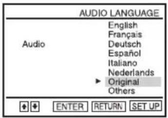 AUDIO LANGUAGE Audio English Français Deutsch Español Italiano Nederlands ► Original Others ENTER RETURN SET UP