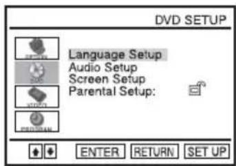DVD SETUP Language Setup Audio Setup Screen Setup Parental Setup: ENTER RETURN SET UP