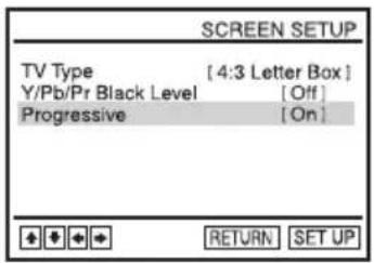 SCREEN SETUP TV Type [4:3 Letter Box] Y/Pb/Pr Black Level [Off] Progressive [On] RETURN SET UP
