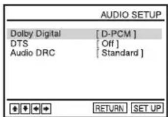AUDIO SETUP Dolby Digital [D-PCM] DTS [Off] Audio DRC [Standard] RETURN SET UP
