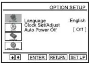 OPTION SETUP Language :English Clock Set/Adjust Auto Power Off [ Off ] ENTER RETURN SET UP