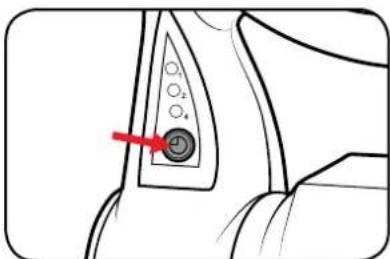 Diagram of a device control panel with labeled buttons and a red arrow pointing to the button.