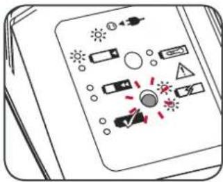 Diagram showing various icons and symbols on a device panel, including sun, battery, camera, and directional arrows.