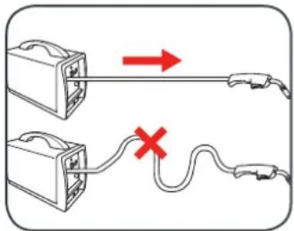 Diagram showing two devices connected by a cable with red arrows indicating direction and a red X mark highlighting a specific cable connection.