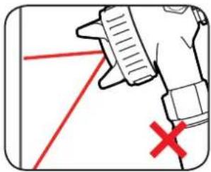 Diagram showing a hand holding a tool with red lines and a red X mark, indicating a collision or target point.