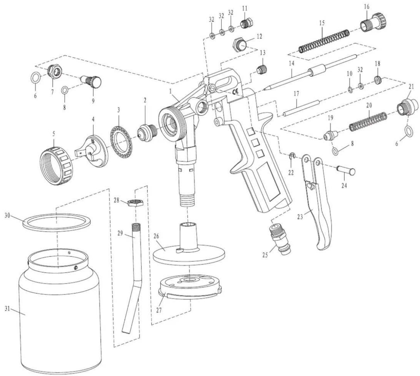 Exploded view diagram of a spray gun with numbered parts for identification