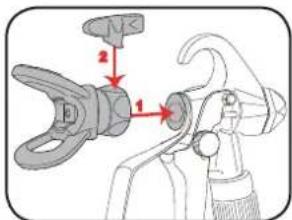 Diagram showing a mechanical clamp or clamp tool with labeled parts 1 and 2, likely illustrating a process or assembly.