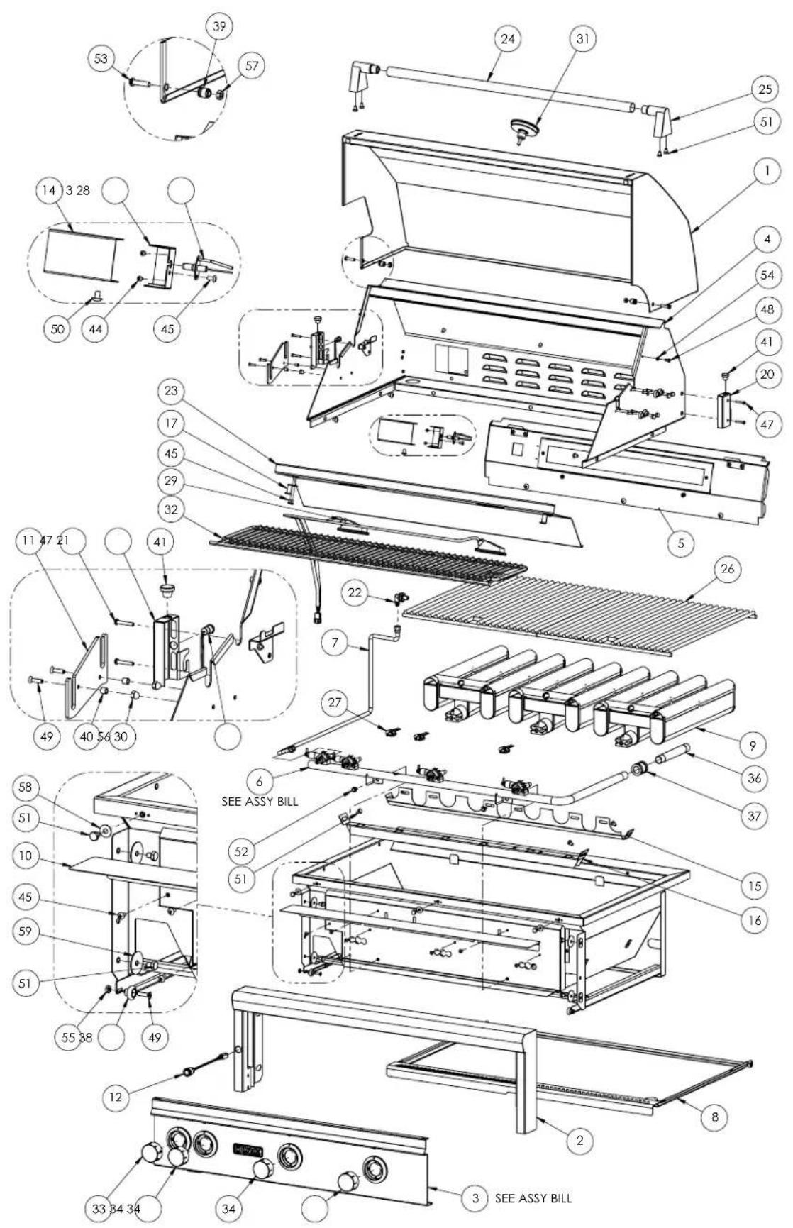 Technical diagram of an air conditioner unit with numbered components and safety bill annotations