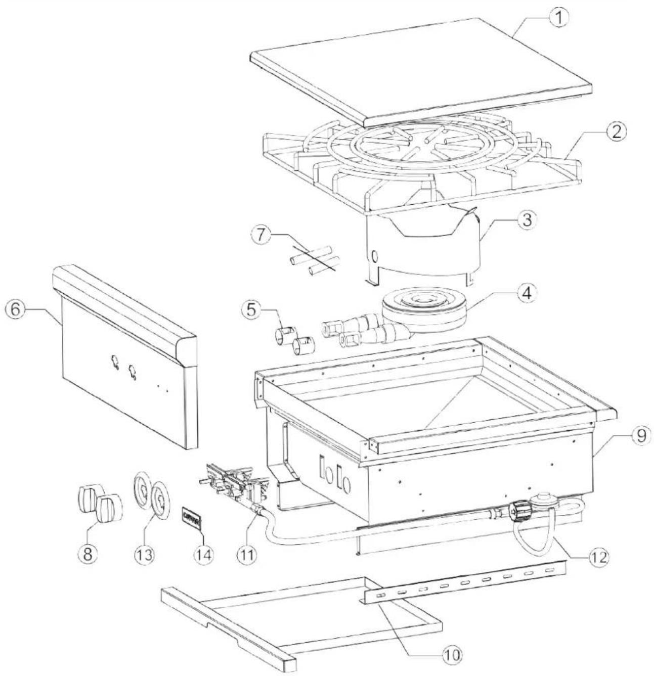 Exploded view diagram of a refrigerator with numbered parts for identification