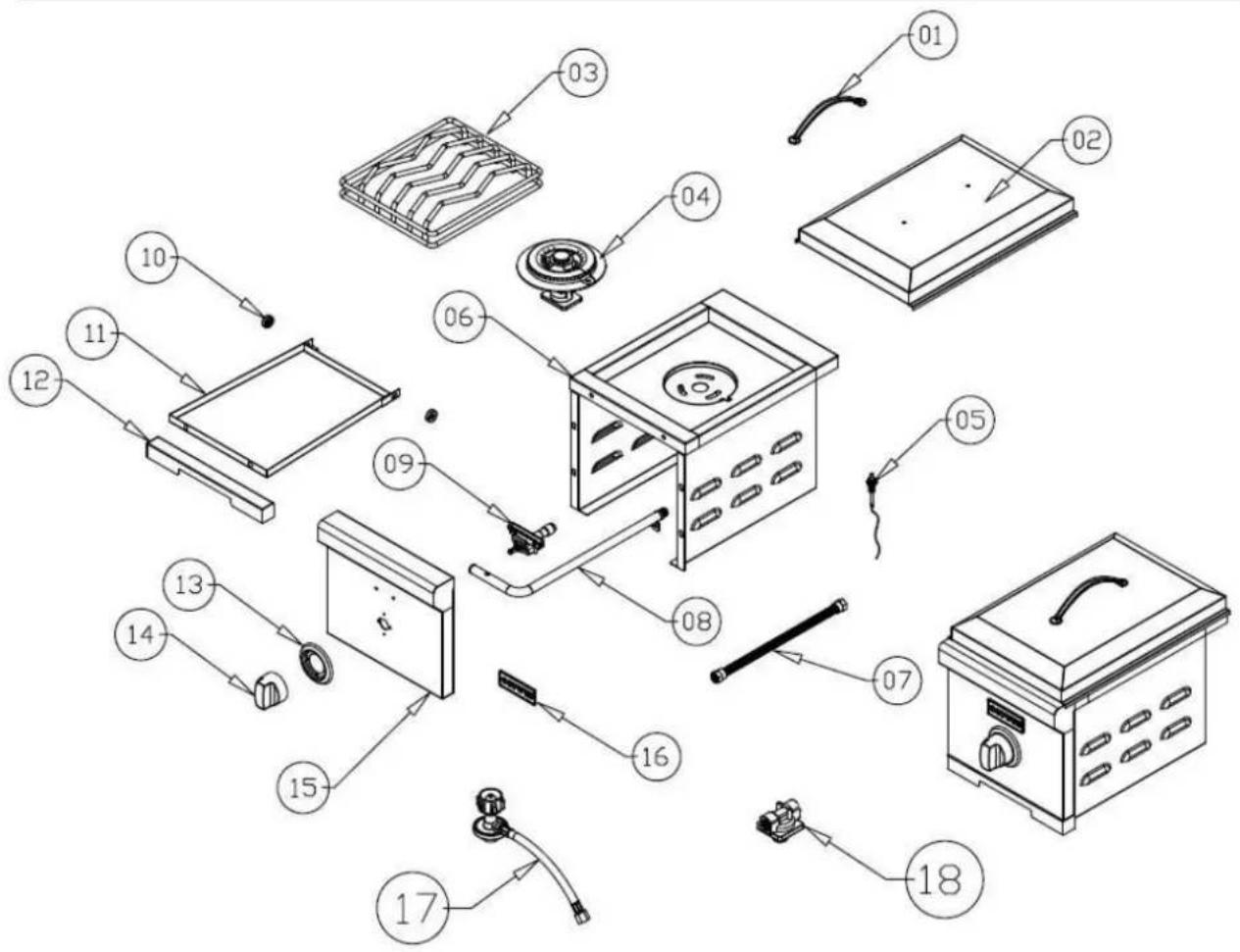Exploded view diagram of a kitchen appliance with numbered parts for identification