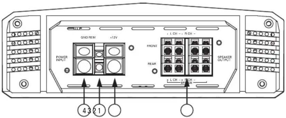 GND REM +12V POWER INPUT FRONT REAR + L CH - + R CH - SPEAKER OUTPUT + L CH - + F I CH - BRUCE 4 3 2 1
