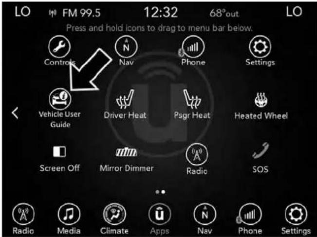 LO FM 99.5 12:32 68°out LO Press and hold icons to drag to menu bar below. Controls Nav Phone Settings Vehicle User Guide Driver Heat Psgr Heat Heated Wheel Screen Off Mirror Dimmer Radio SOS Radio Media Climate Apps Nav Phone Settings