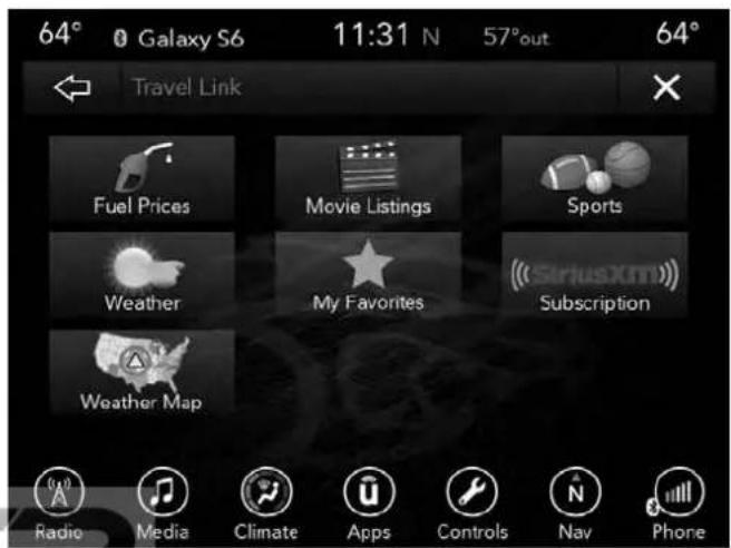 64° Galaxy S6 11:31 N 57°out 64° Travel Link Fuel Prices Movie Listings Sports Weather My Favorites Subscription Weather Map Radio Media Climate Apps Controls Nav Phone